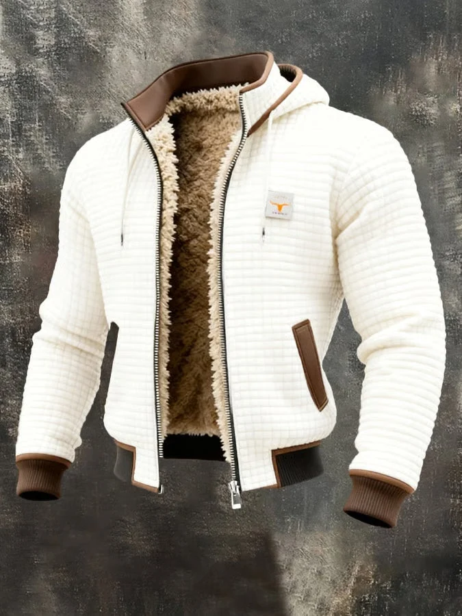 Stijlvol heren capuchonjack van wafelstof, met volledige ritssluiting en warme voering, casual look.